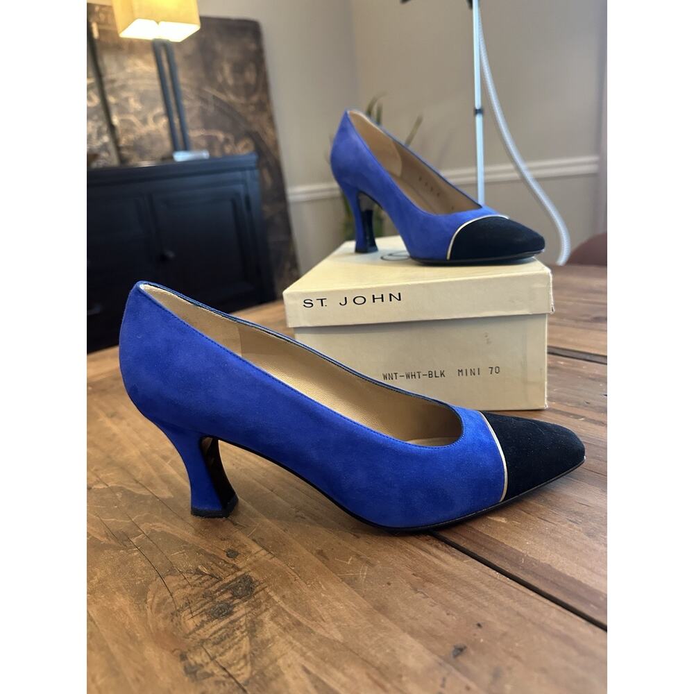 St John Size 7 High Heel Shoes Blue Leather Suede Designer St. John - Picture 2 of 9